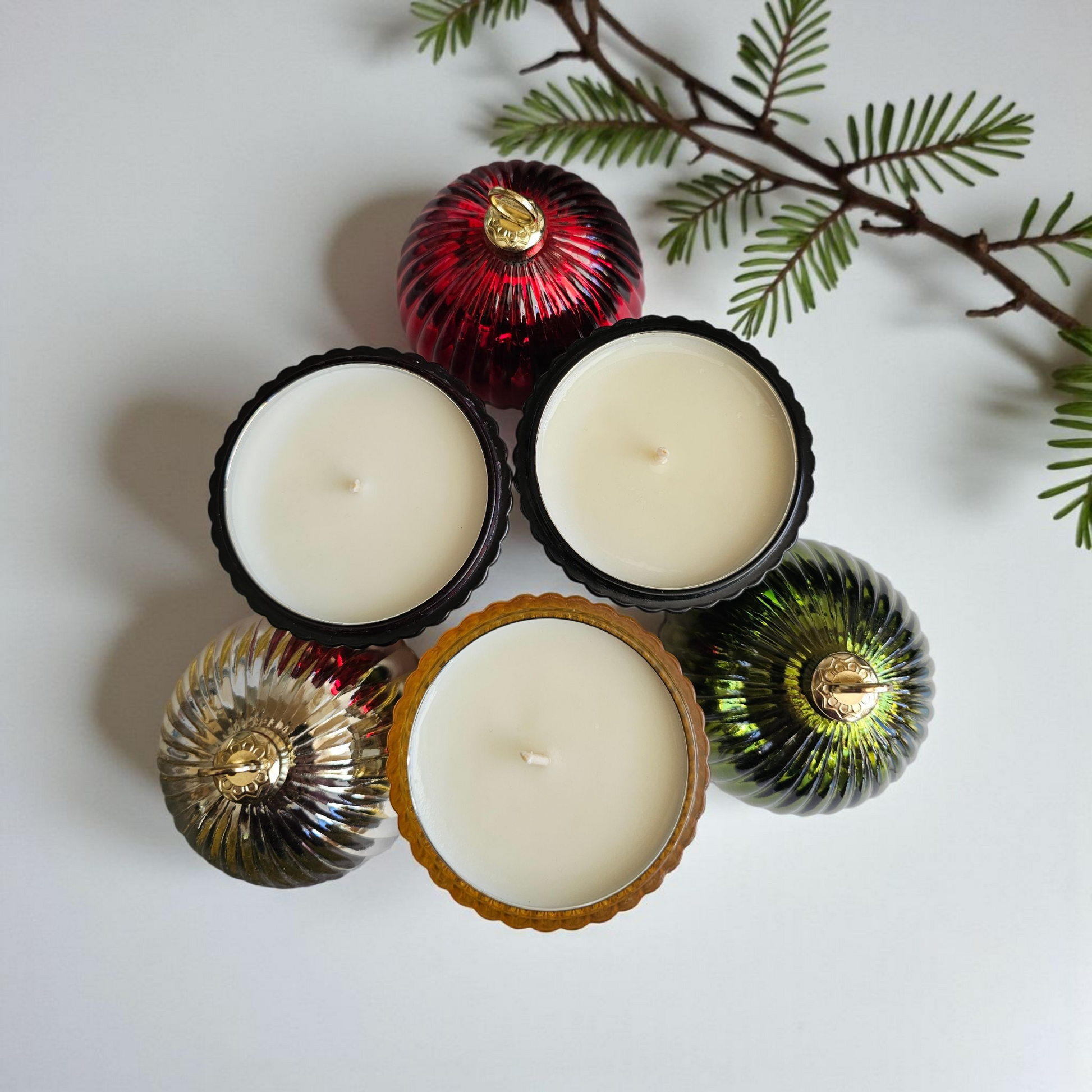 Beautiful glass bauble trio candle set handmade by Clyne's Candles