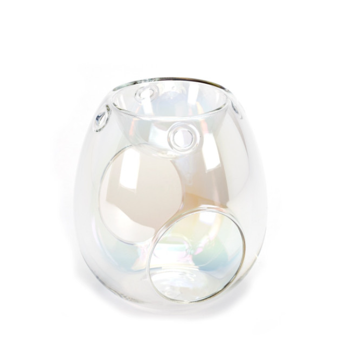 Clear glass wax melt burner with iridescent pearl finish and smooth, rounded design.