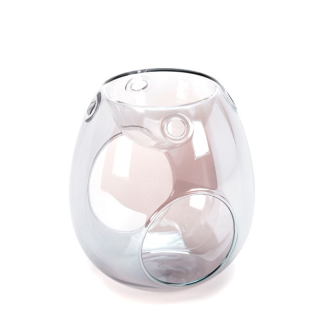 Soft grey glass wax melt burner with subtle pearl shimmer and modern curved shape.