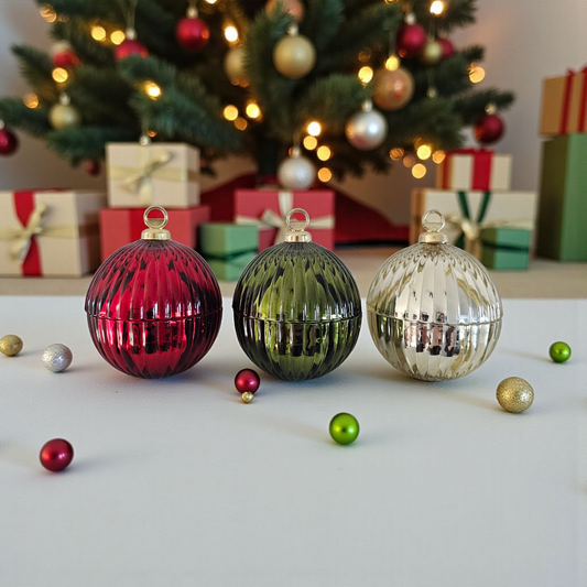 Beautiful glass bauble trio candle set handmade by Clyne's Candles