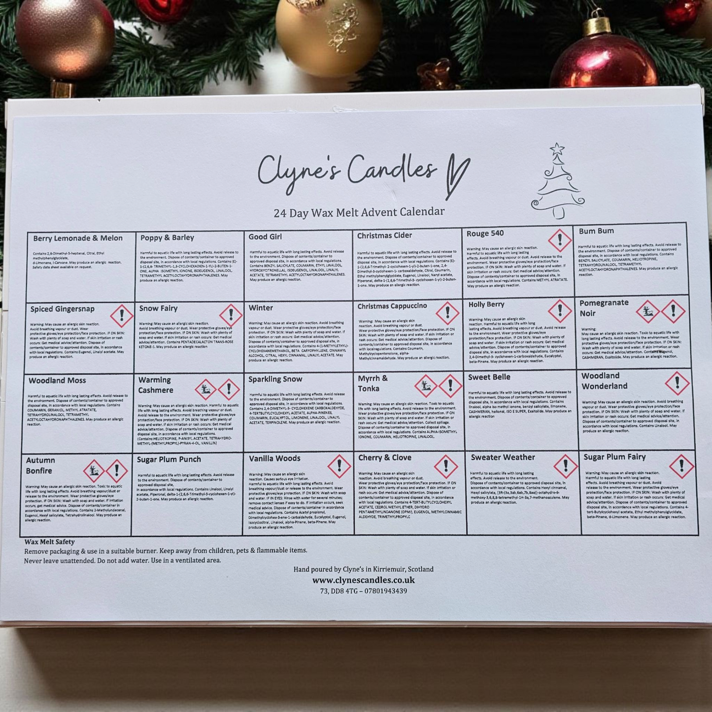 List of 24 fragrances included in the Clyne’s Candles Christmas Wax Melt Advent Calendar, featuring a mix of seasonal and signature scents.