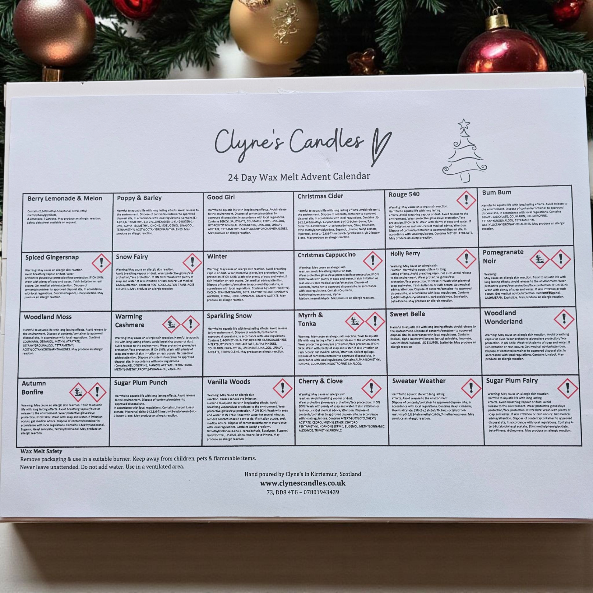 List of 24 fragrances included in the Clyne’s Candles Christmas Wax Melt Advent Calendar, featuring a mix of seasonal and signature scents.
