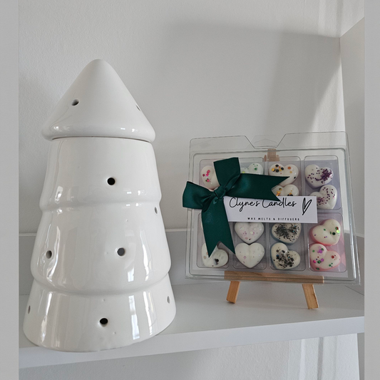 Ceramic tall christmas tree wax melt burner with handmade festive wax melts by Clyne's Candles