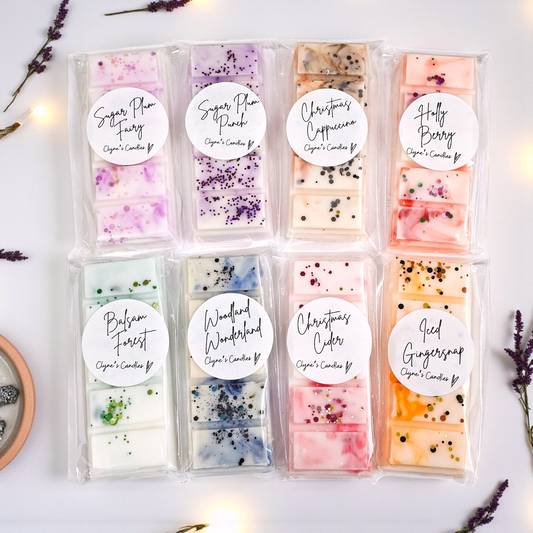 Full Christmas Wax Melt Collection by Clyne’s Candles – 8 festive scented wax bars including Balsam Forest, Christmas Cappuccino, Christmas Cider, Holly Berry, Spiced Gingersnap, Sugar Plum Fairy, Sugar Plum Punch and Woodland Wonderland.
