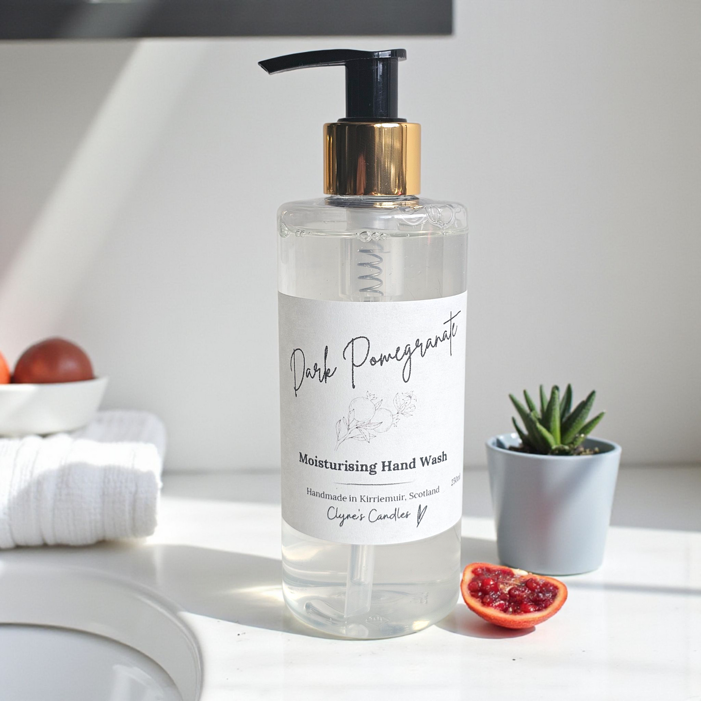 Dark Pomegranate glycerin hand wash – rich fruity soap with pomegranate, plum and raspberry notes, gentle moisturising and vegan friendly. Handmade by Clyne's Candles, Kirriemuir