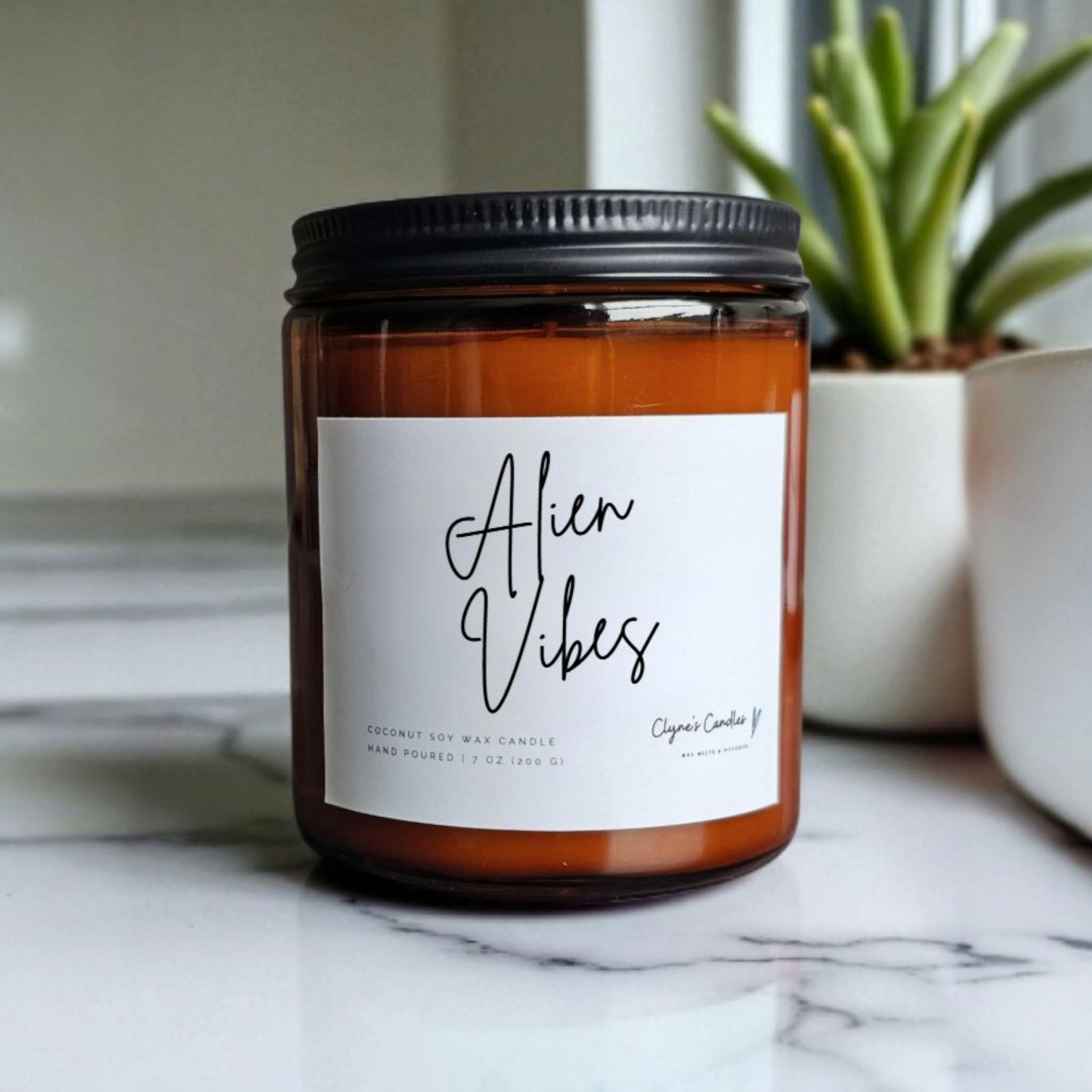 Amber glass candle jar with cotton wick and coconut soy wax, handmade by Clyne's Candles in Kirriemuir, Scotland