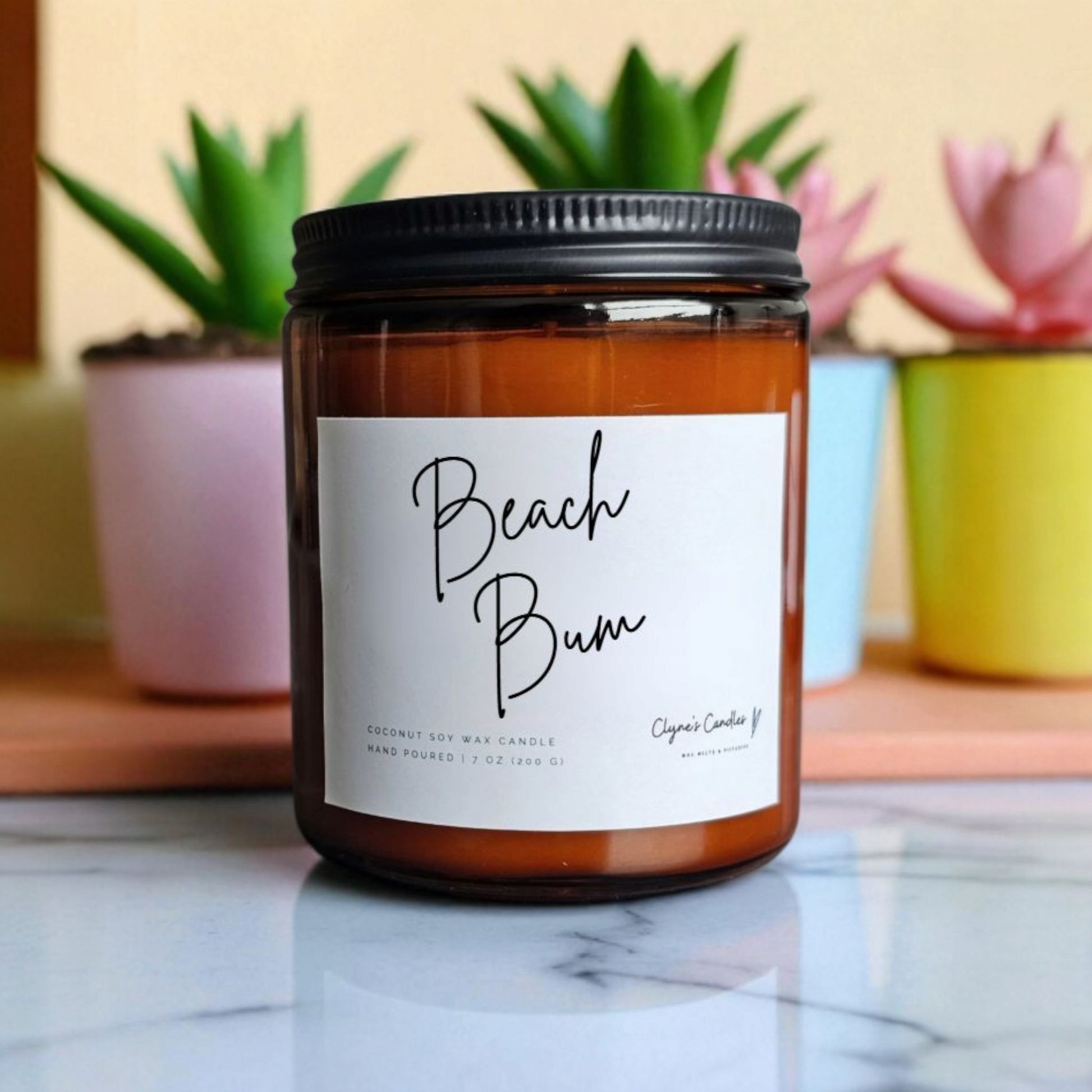 Amber glass candle jar with cotton wick and coconut soy wax, handmade by Clyne's Candles in Kirriemuir, Scotland