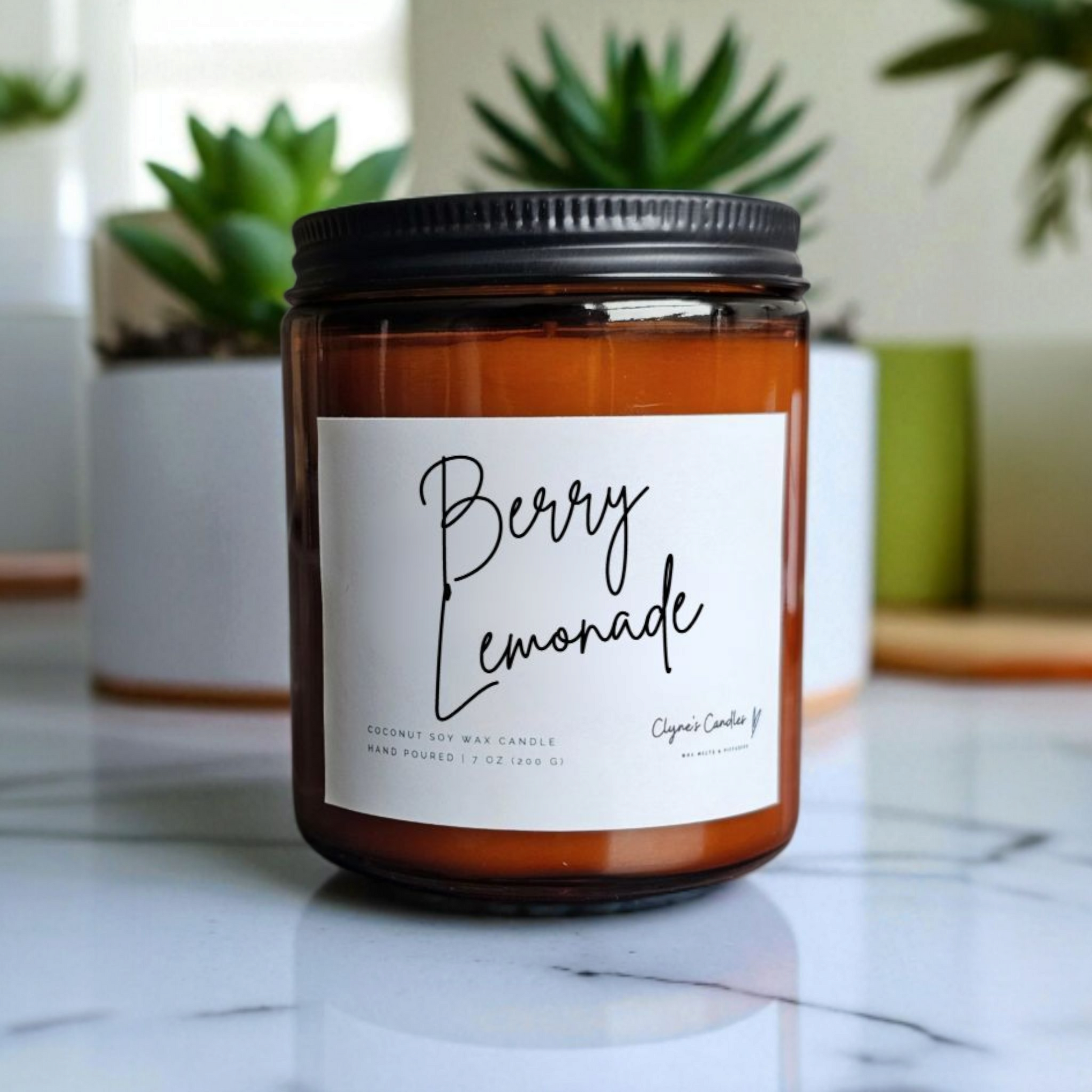 Amber glass candle jar with cotton wick and coconut soy wax, handmade by Clyne's Candles in Kirriemuir, Scotland