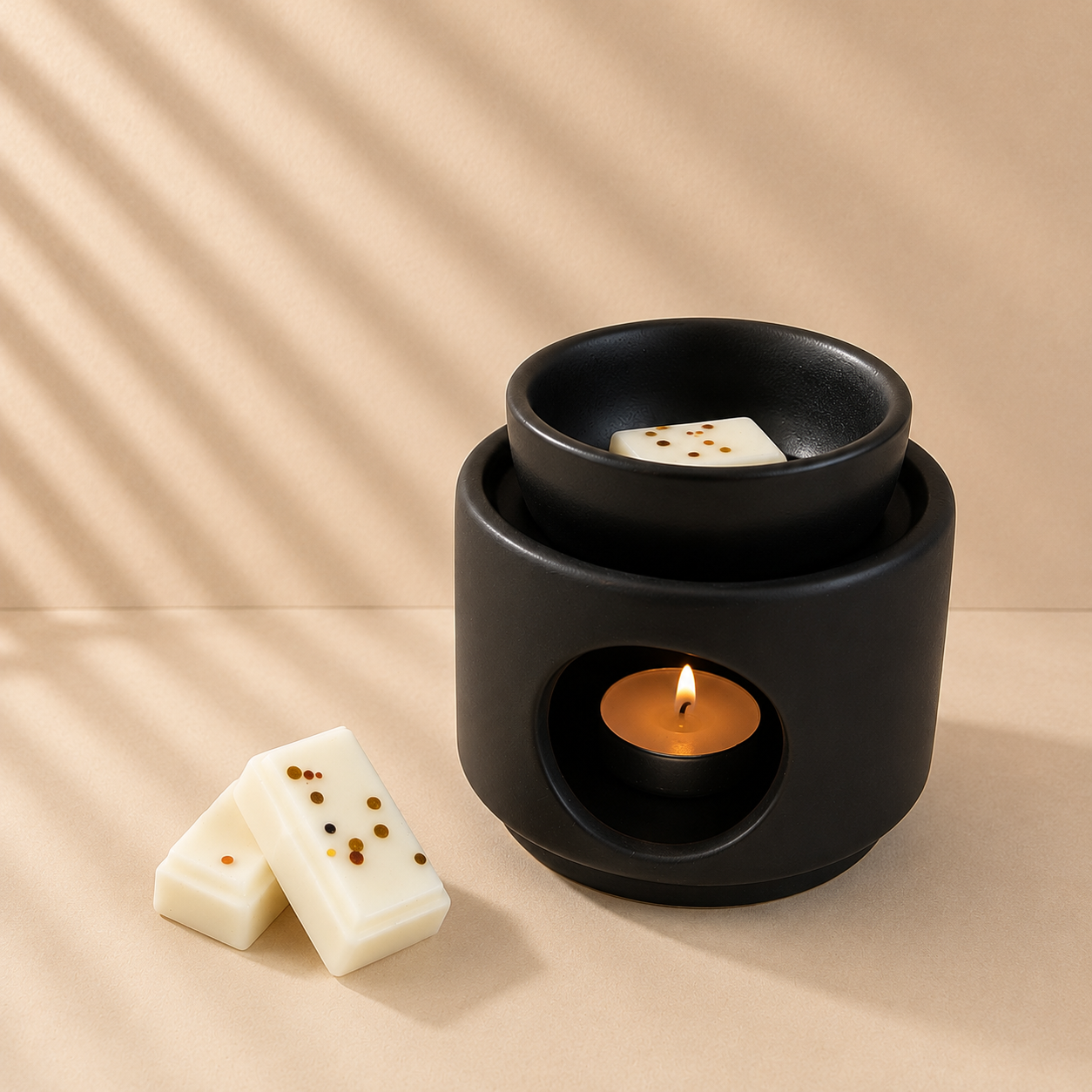 Black ceramic wax warmer with a lit candle and two wax melts handmade by Clyne's Candles, Kirriemuir, Scotland