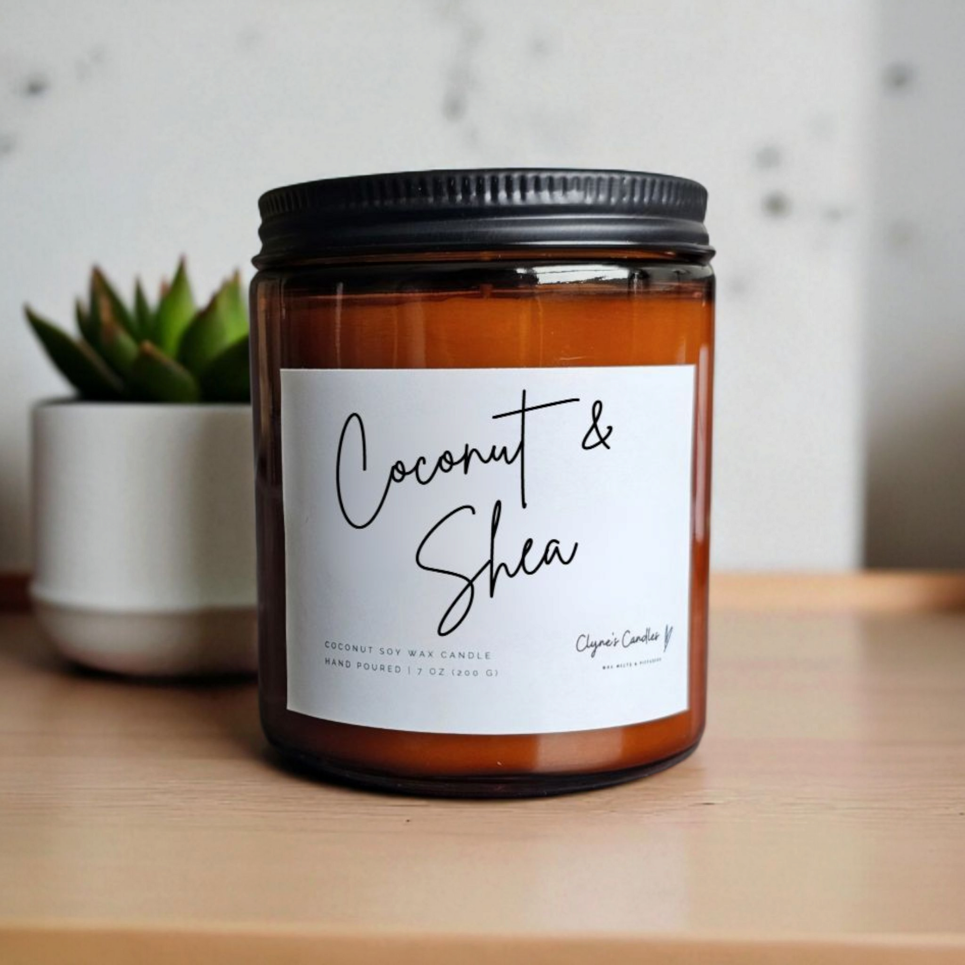 Amber glass candle jar with cotton wick and coconut soy wax, handmade by Clyne's Candles in Kirriemuir, Scotland