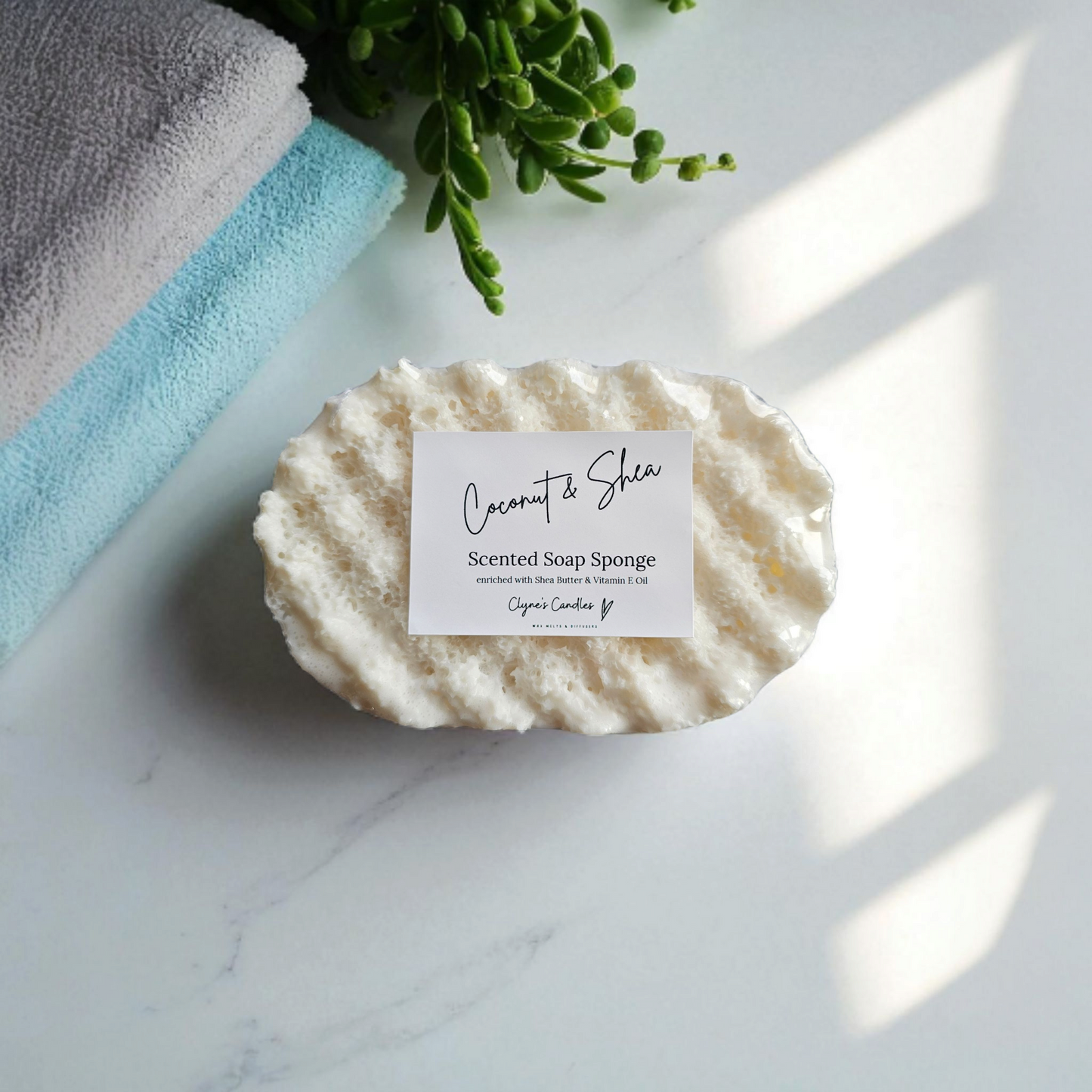 Highly scented soap sponge for shower or bath, reusable and perfect for daily skincare, by Clyne's Candles