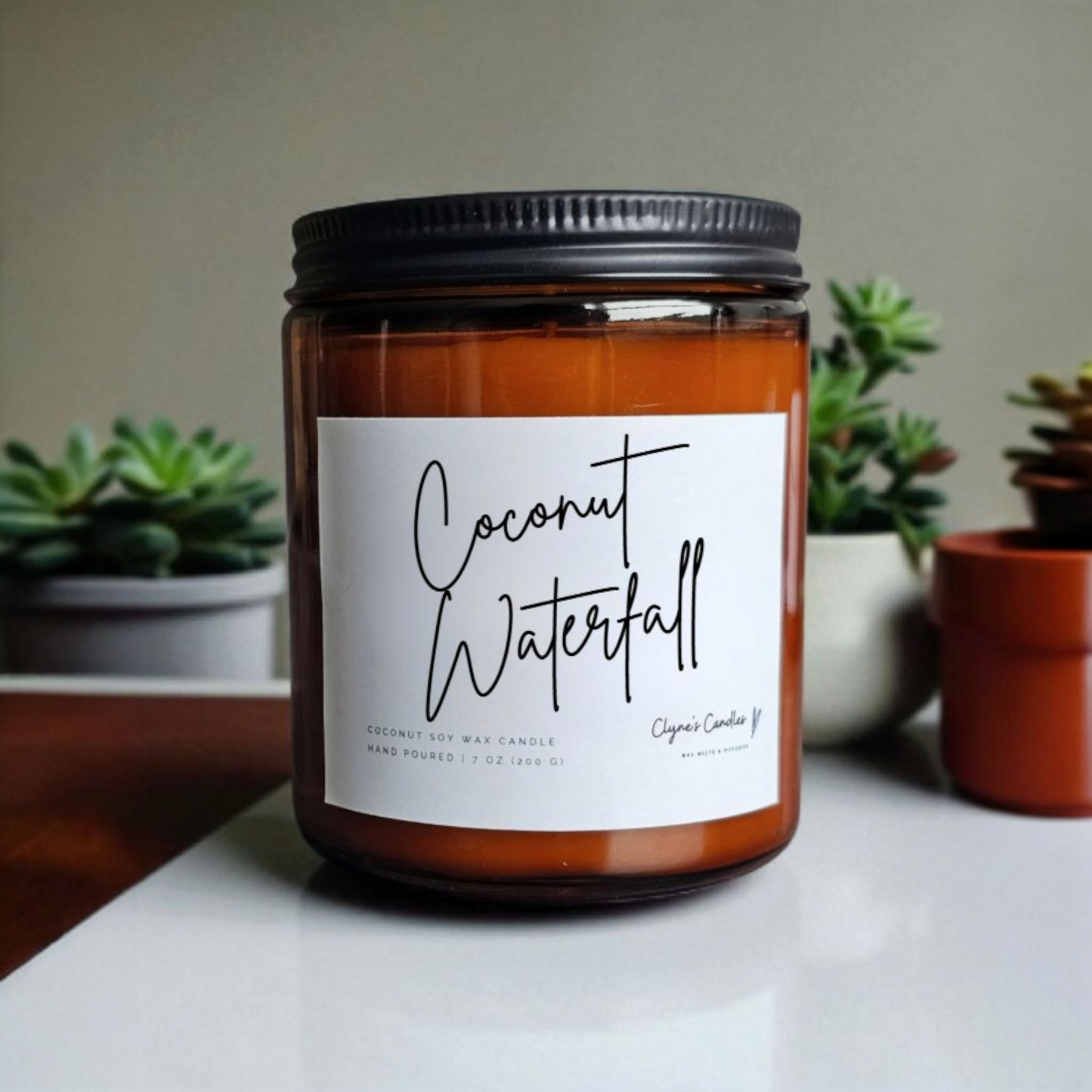 Amber glass candle jar with cotton wick and coconut soy wax, handmade by Clyne's Candles in Kirriemuir, Scotland