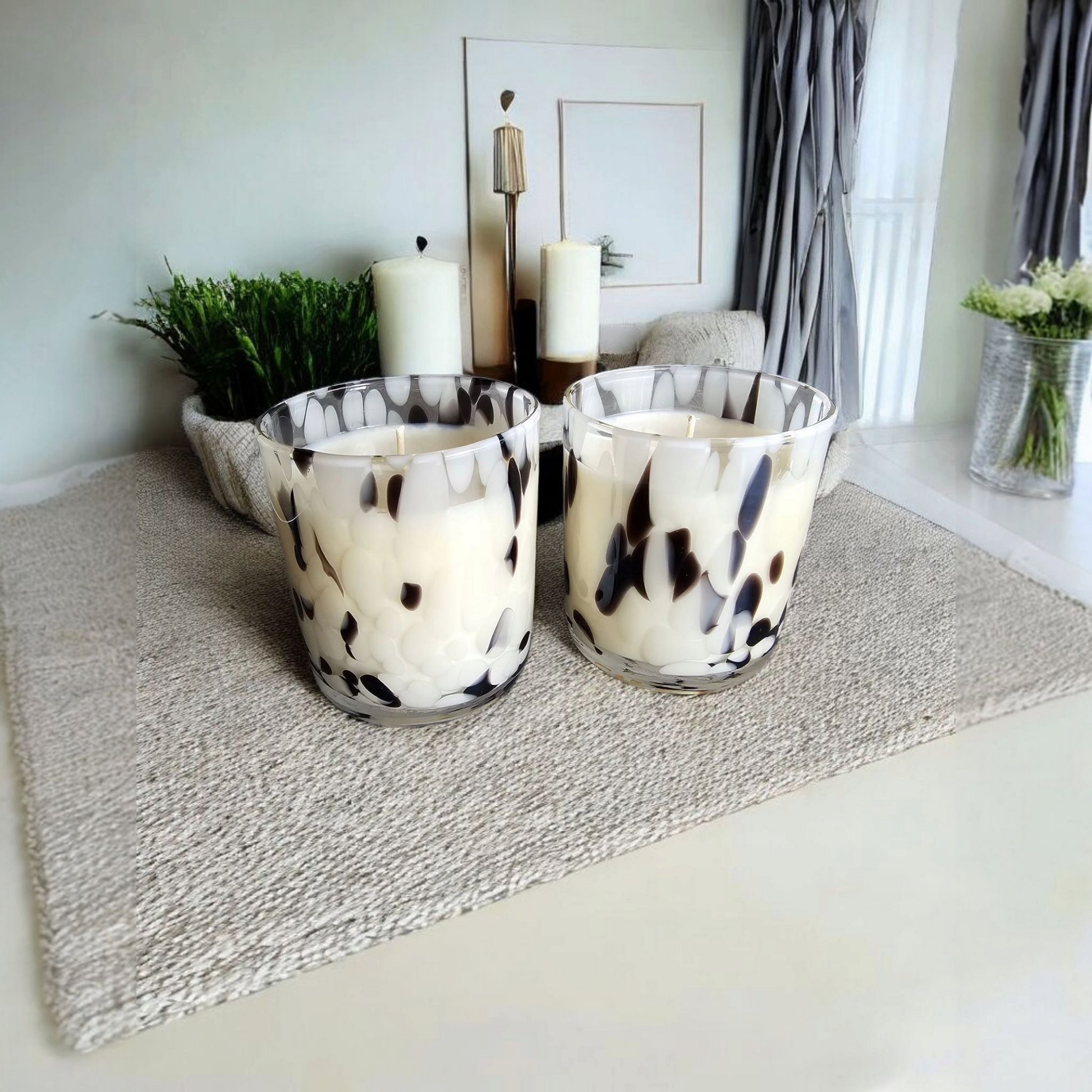 Beautiful hand poured coconut soy candle in a dalmatian print glass handmade by Clyne's Candles in Kirriemuir, Scotland
