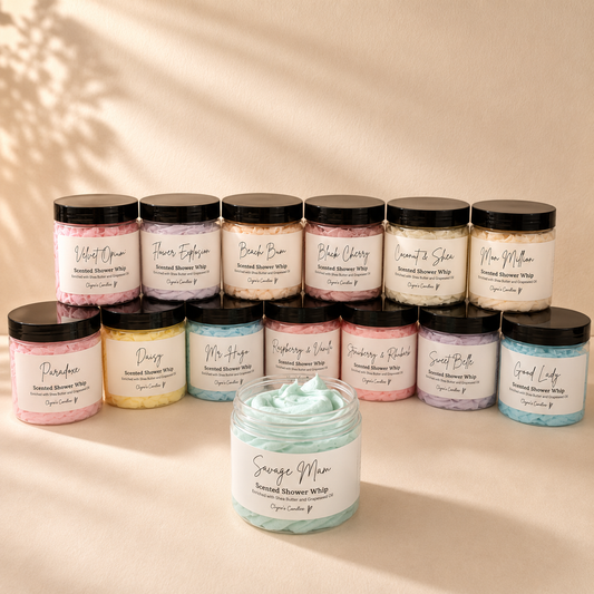 A selection of perfume, aftershave and fruity inspired shower whips, whipped soaps handmade by Clyne's Candles in Kirriemuir, Scotland