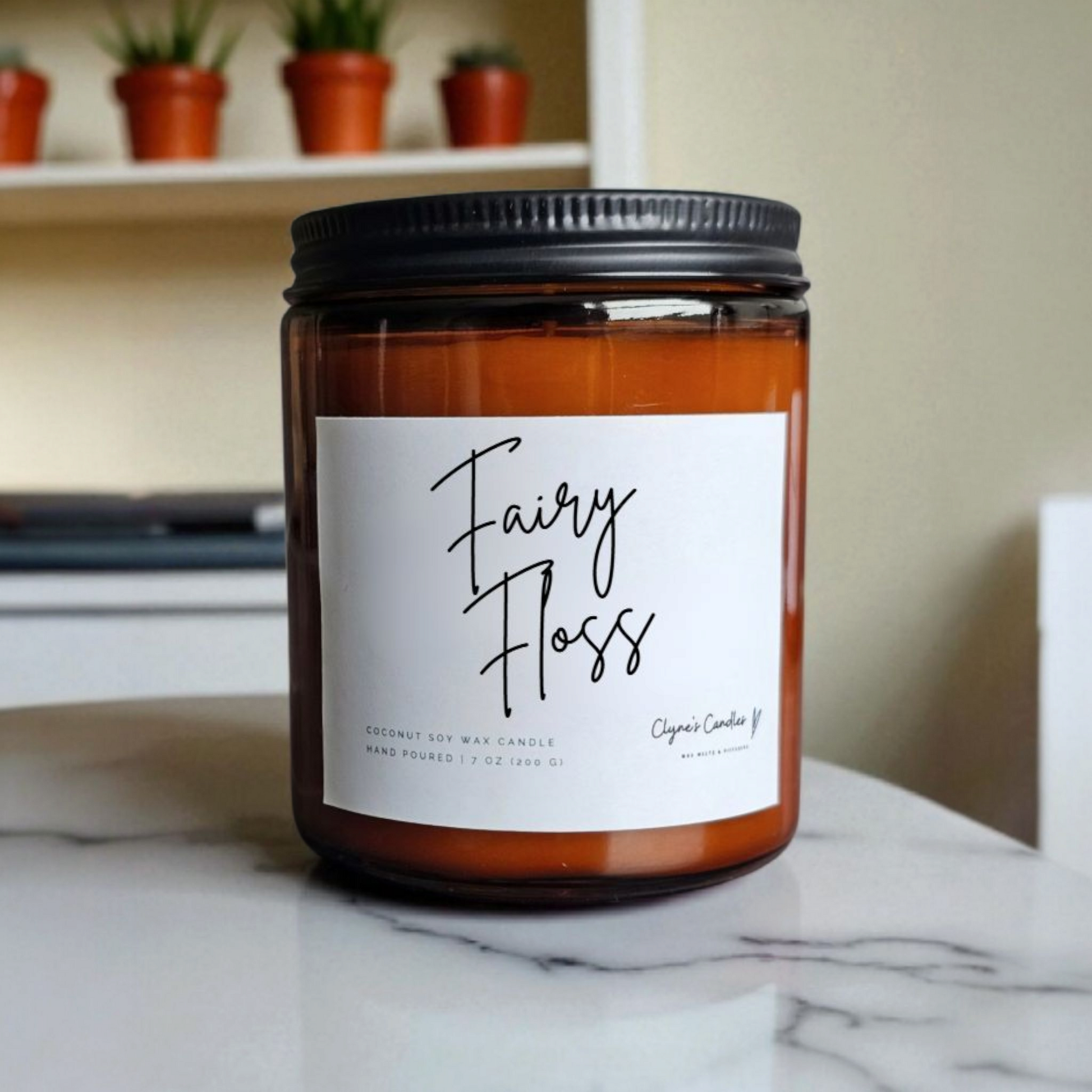 Amber glass candle jar with cotton wick and coconut soy wax, handmade by Clyne's Candles in Kirriemuir, Scotland