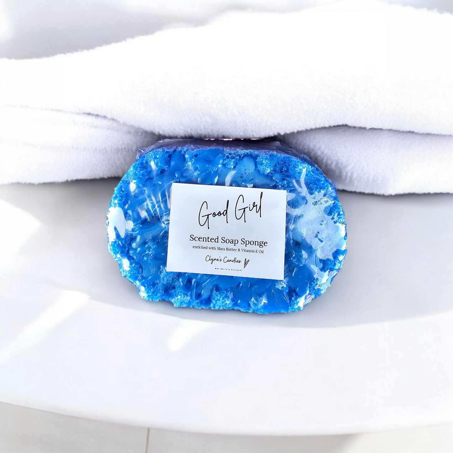 Highly scented soap sponge for shower or bath, reusable and perfect for daily skincare, by Clyne's Candles