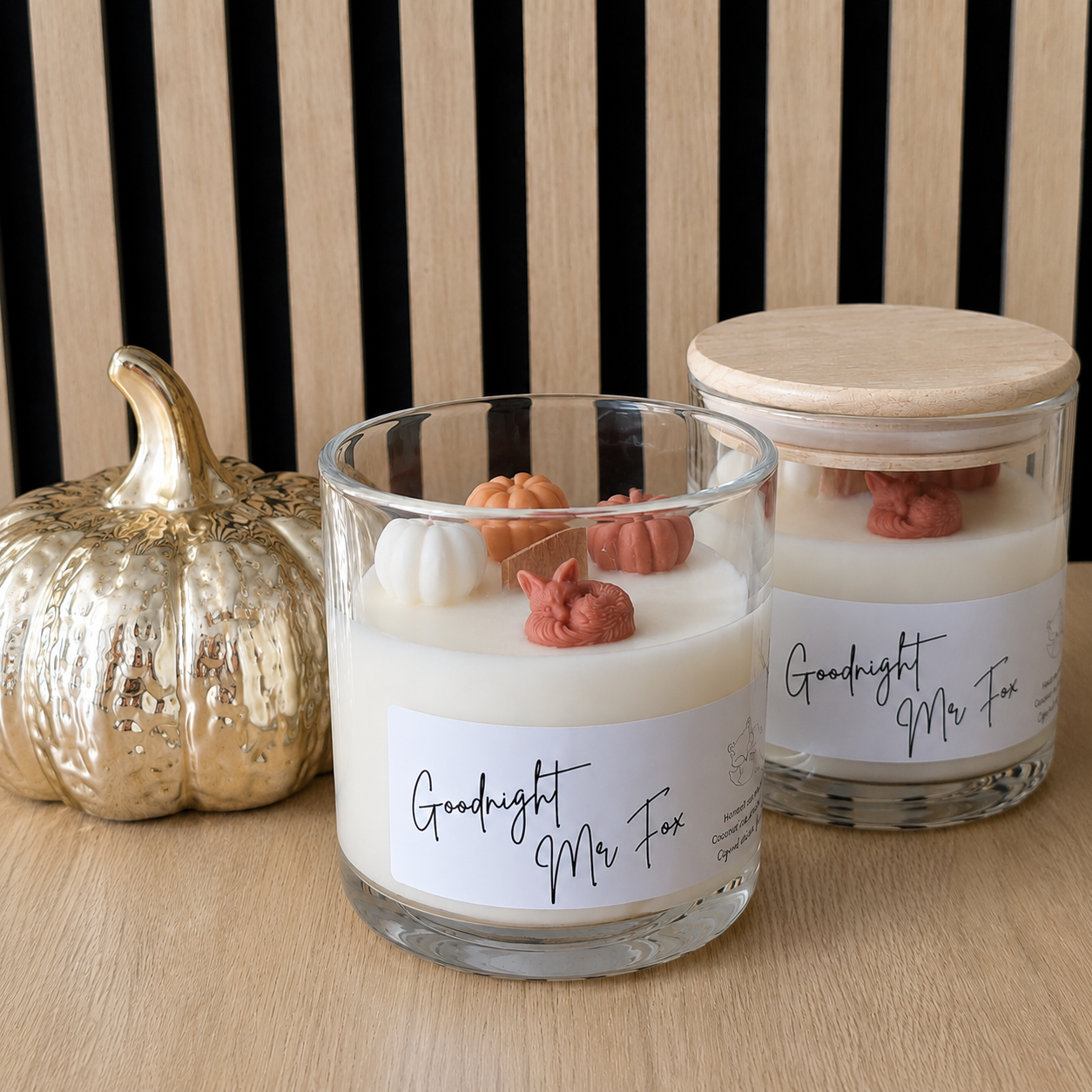 Beautiful handmade sleeping fox and pumpkin candle handmade by Clyne's Candles in Kirriemuir Scotland