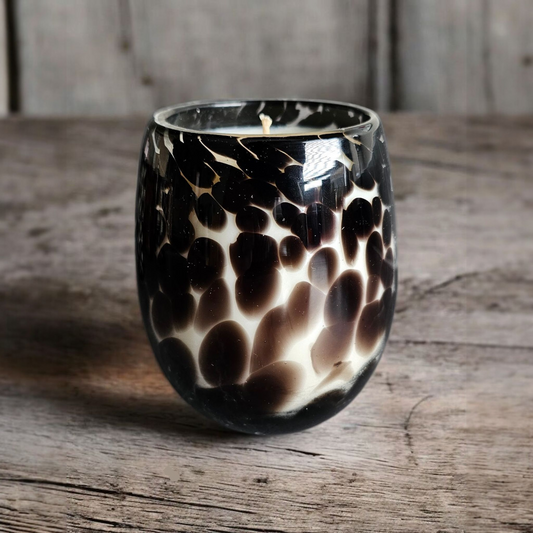 Beautiful hand poured coconut soy candle in a black cheetah print glass handmade by Clyne's Candles in Kirriemuir, Scotland
