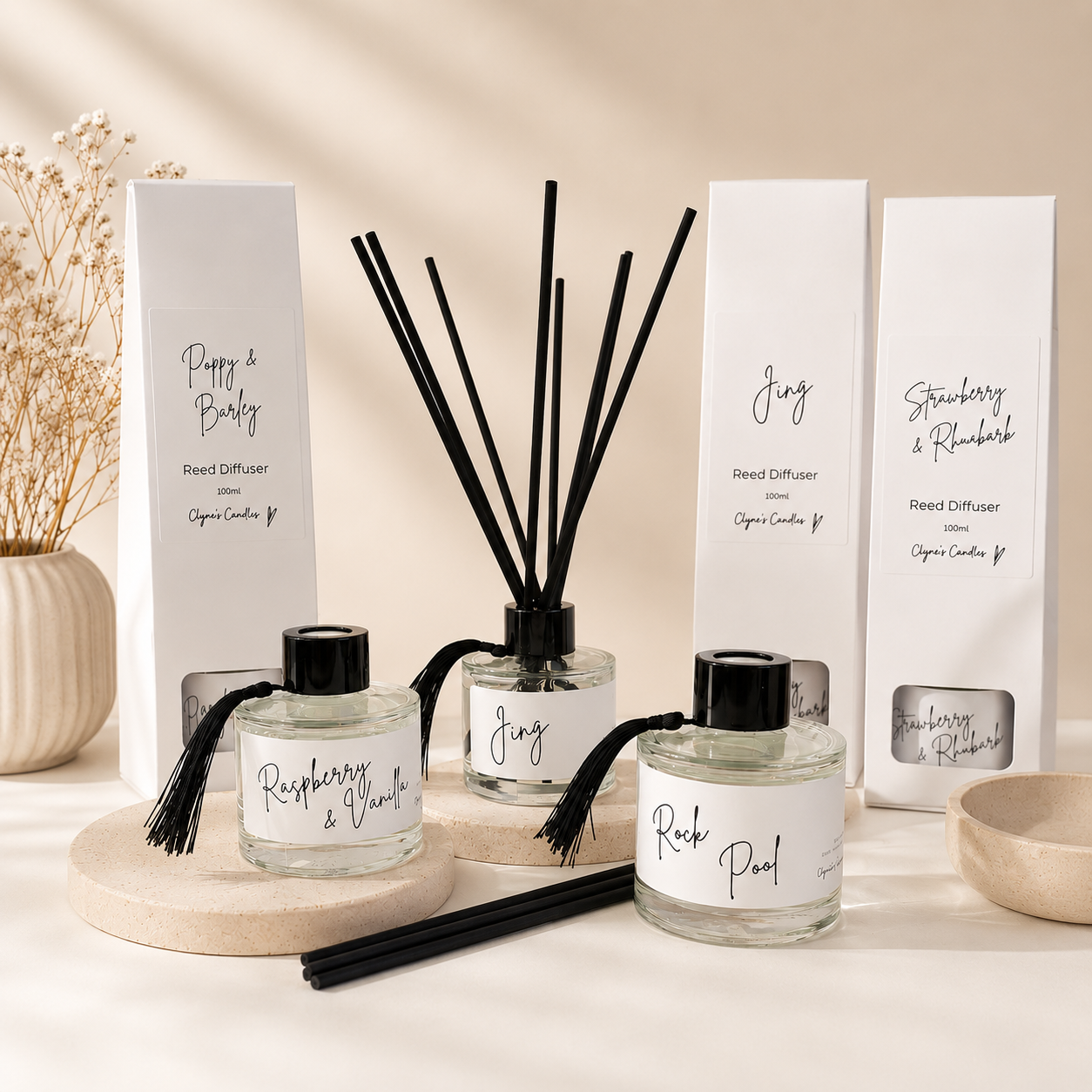 Selection of 100ml luxury fibre reed diffusers in designer inspired scents complete with gift box handmade by Clyne's Candles in Kirriemuir, Scotland
