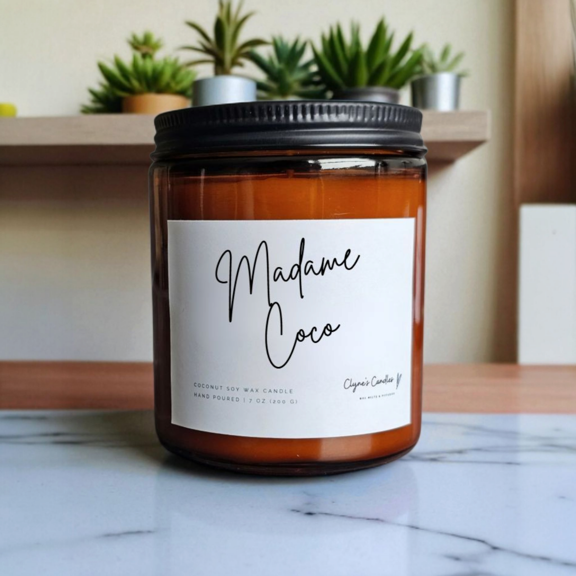 Amber glass candle jar with cotton wick and coconut soy wax, handmade by Clyne's Candles in Kirriemuir, Scotland