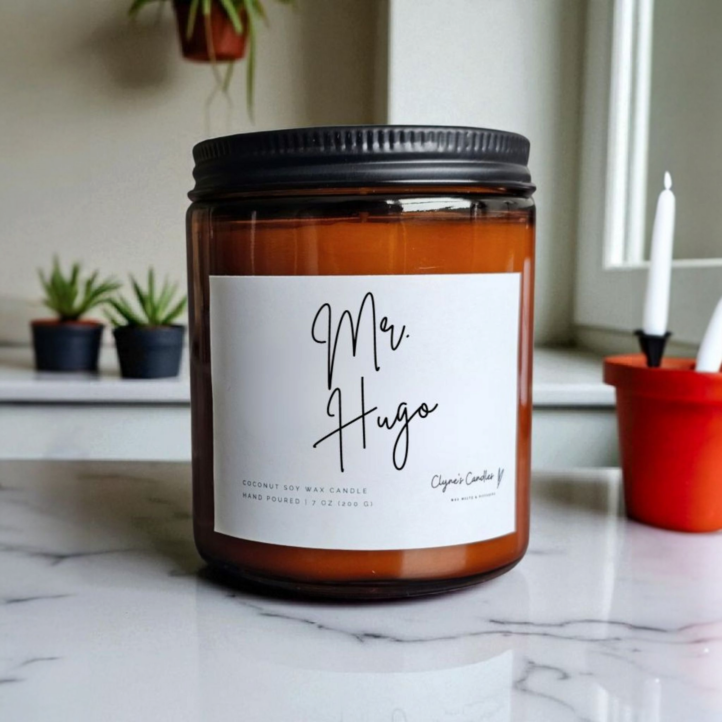 Amber glass candle jar with cotton wick and coconut soy wax, handmade by Clyne's Candles in Kirriemuir, Scotland