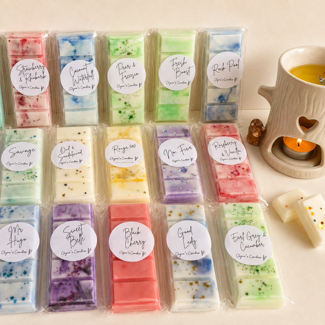 Highly scented wax melt selection with a highland cow wax melt burner handmade by Clyne's Candles in Kirriemuir, Scotland