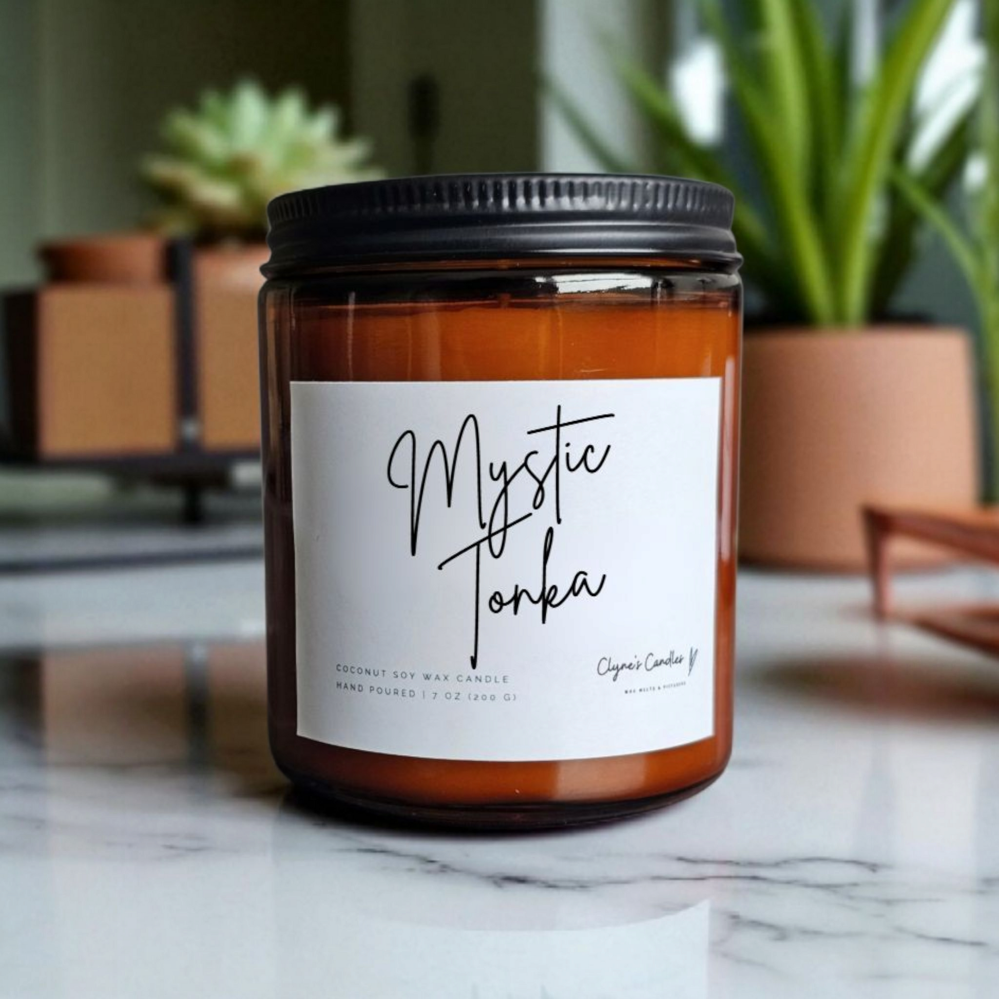 Amber glass candle jar with cotton wick and coconut soy wax, handmade by Clyne's Candles in Kirriemuir, Scotland