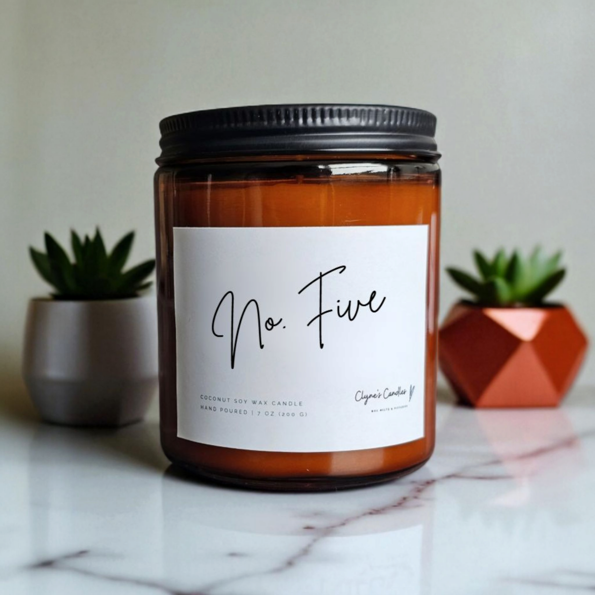 Amber glass candle jar with cotton wick and coconut soy wax, handmade by Clyne's Candles in Kirriemuir, Scotland