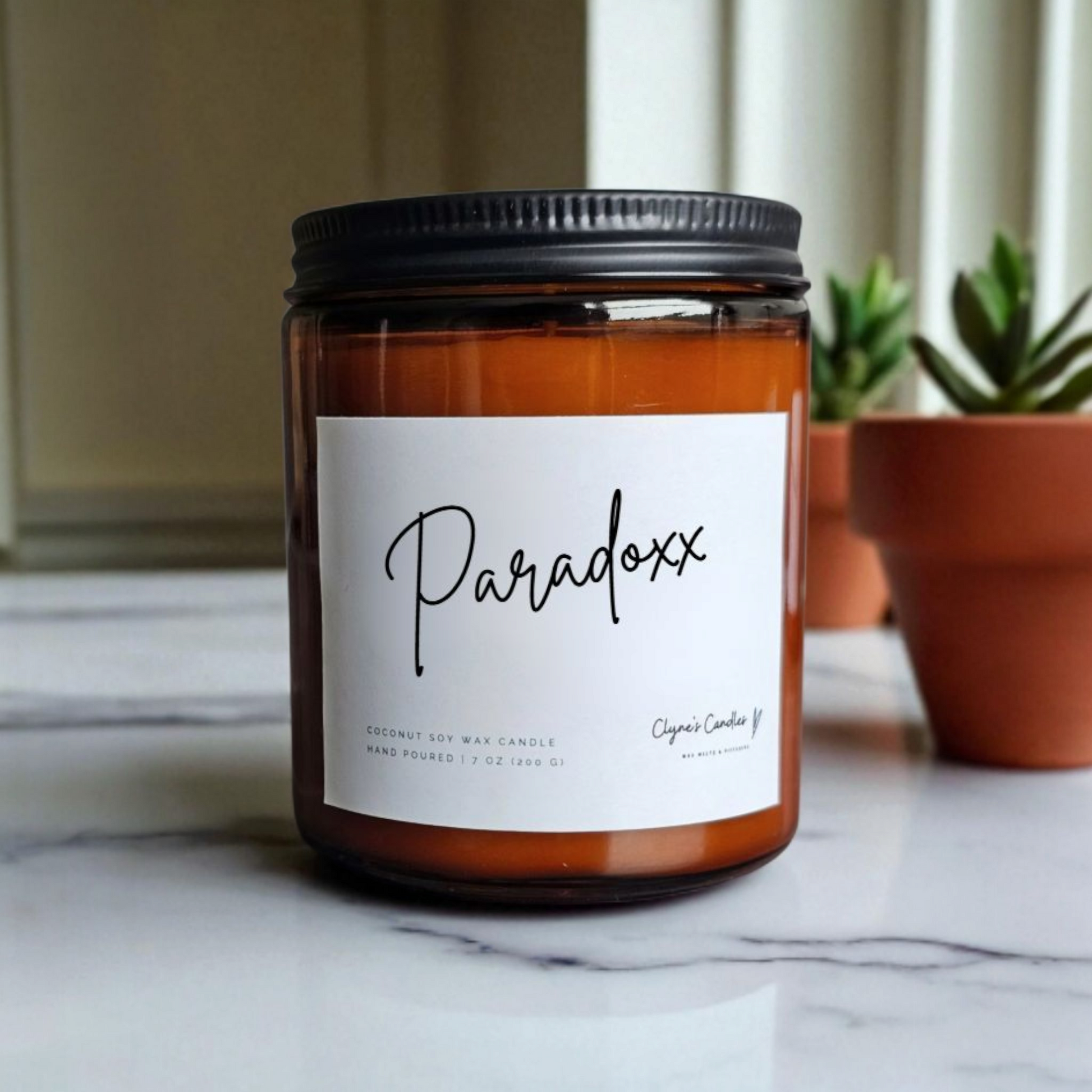 Amber glass candle jar with cotton wick and coconut soy wax, handmade by Clyne's Candles in Kirriemuir, Scotland