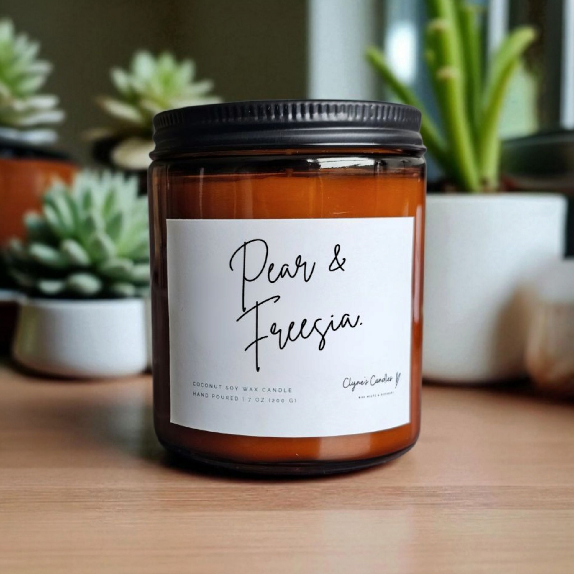 Amber glass candle jar with cotton wick and coconut soy wax, handmade by Clyne's Candles in Kirriemuir, Scotland