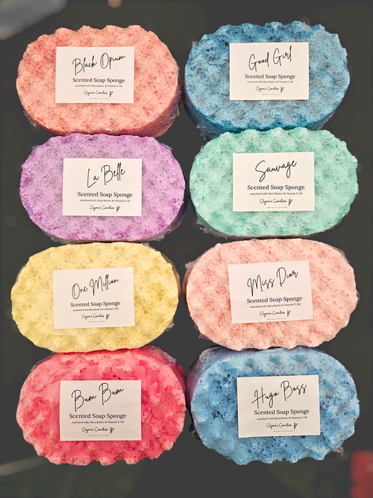 Perfume and Aftershave Scented Soap Sponges with Shea Butter handmade by Clyne's Candles in Kirriemuir, Scotland