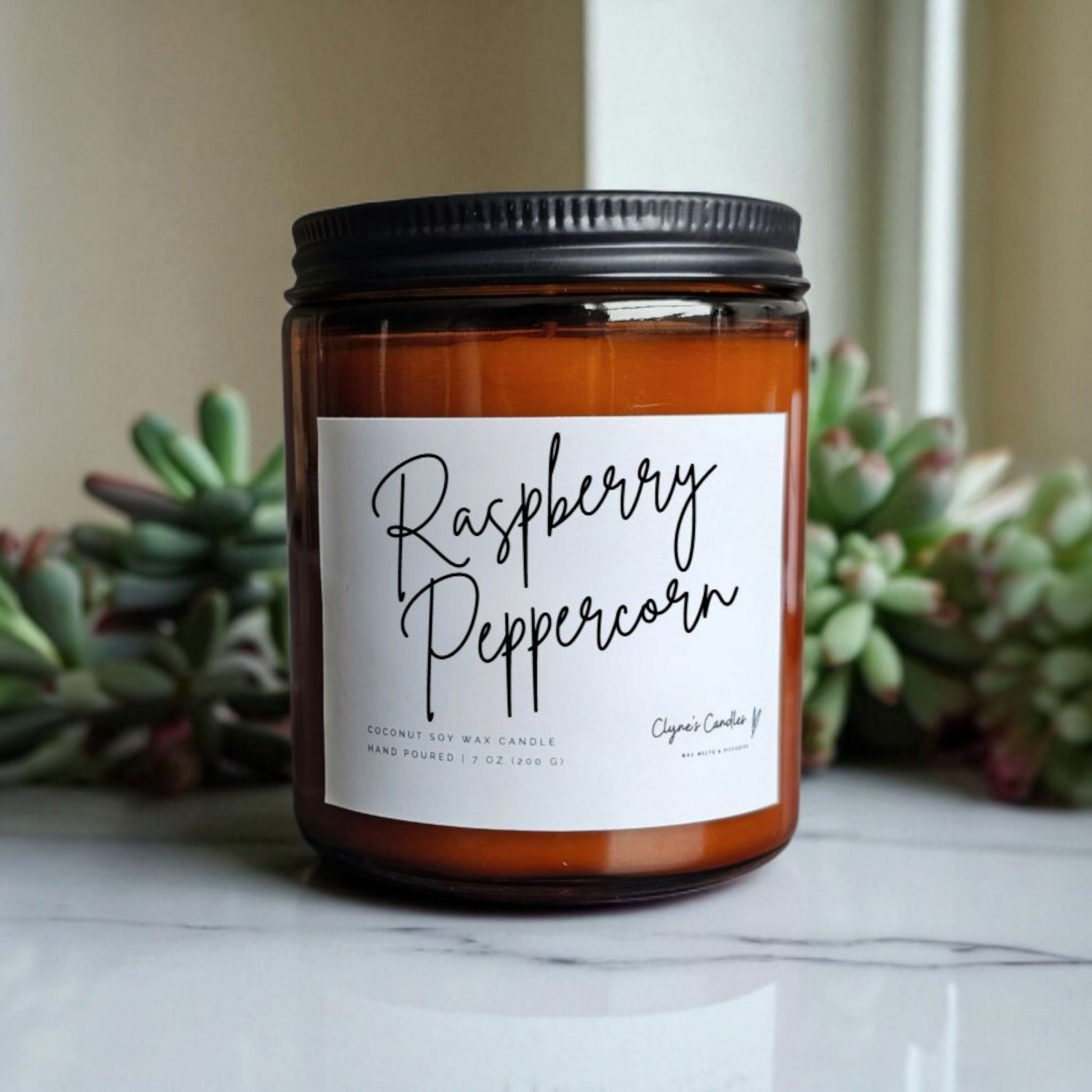 Amber glass candle jar with cotton wick and coconut soy wax, handmade by Clyne's Candles in Kirriemuir, Scotland