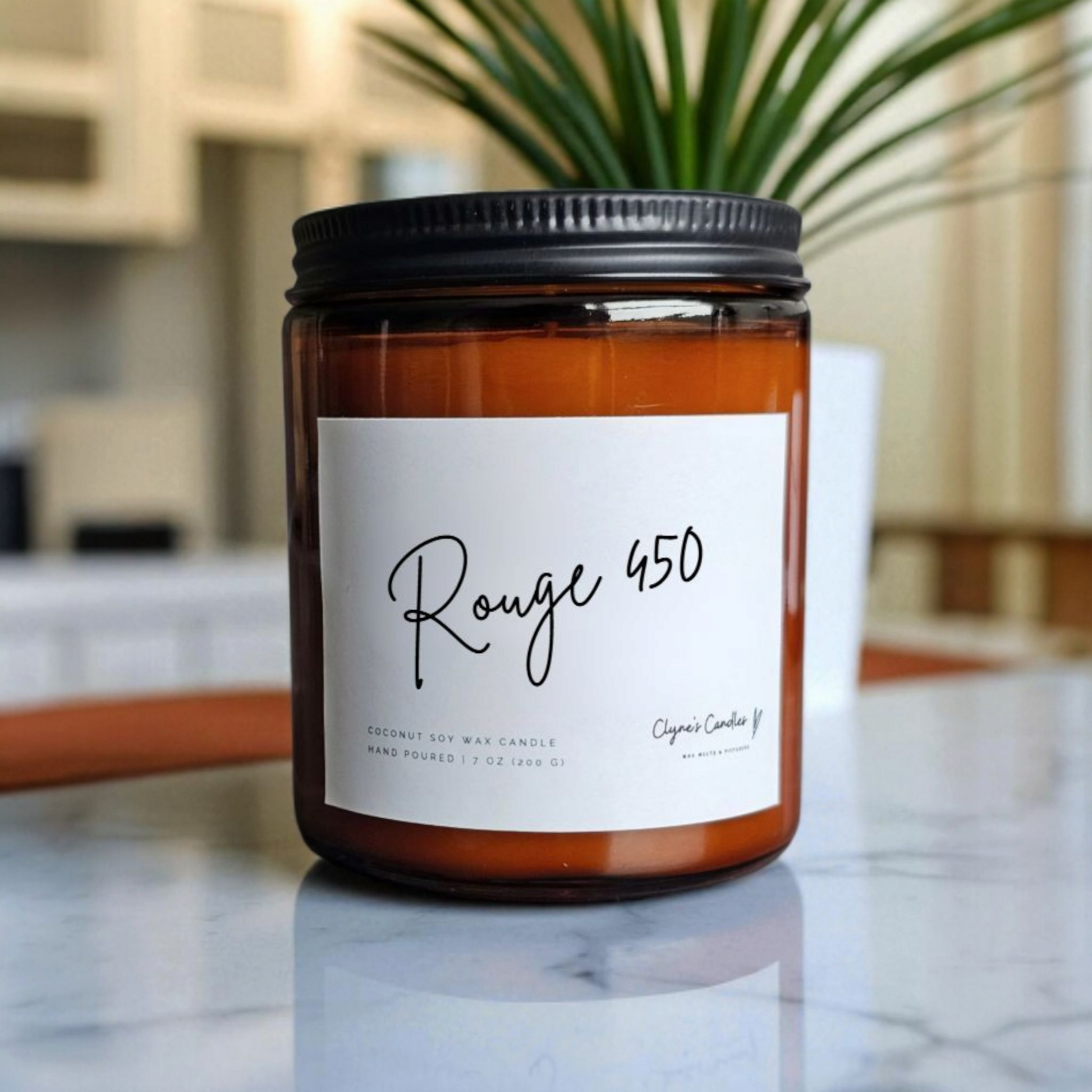 Amber glass candle jar with cotton wick and coconut soy wax, handmade by Clyne's Candles in Kirriemuir, Scotland