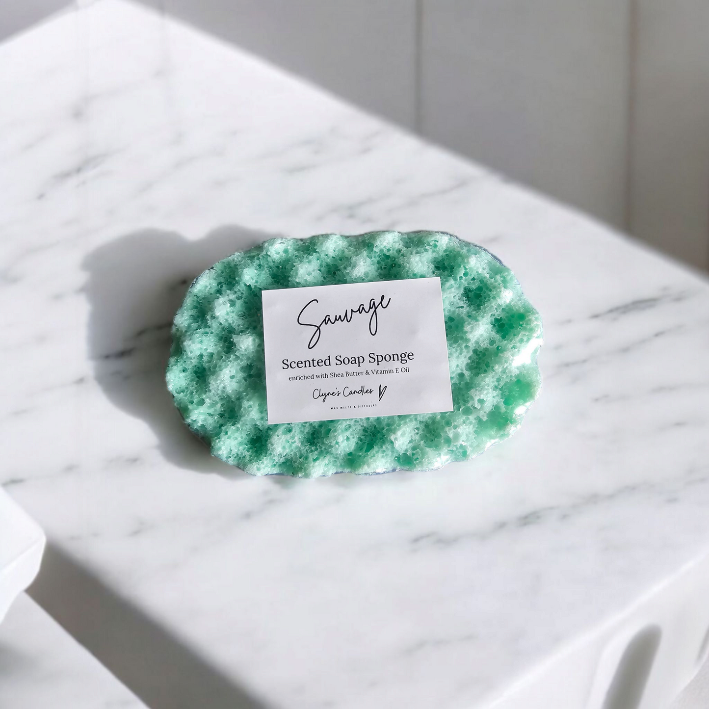 Highly scented soap sponge for shower or bath, reusable and perfect for daily skincare, by Clyne's Candles