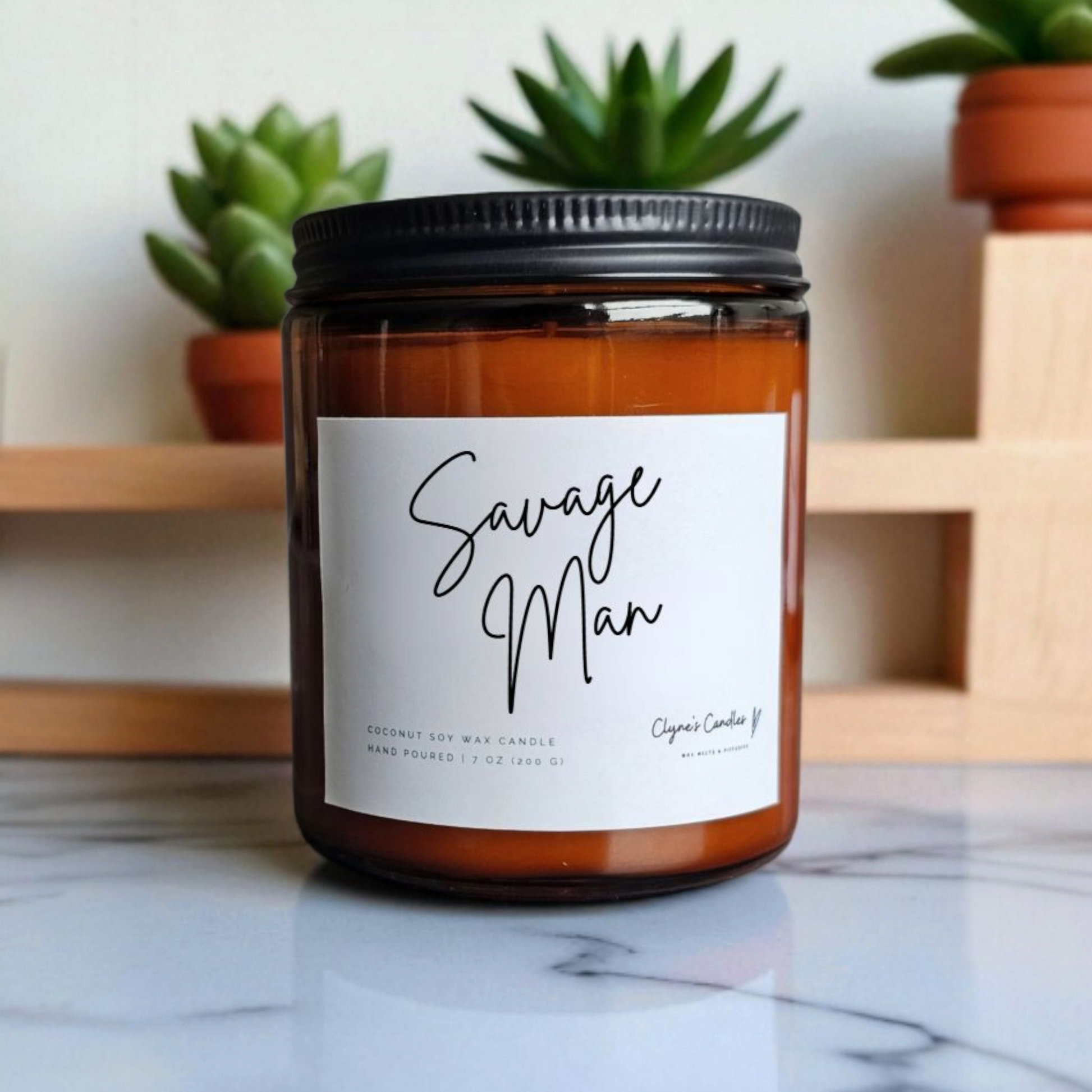 Amber glass candle jar with cotton wick and coconut soy wax, handmade by Clyne's Candles in Kirriemuir, Scotland