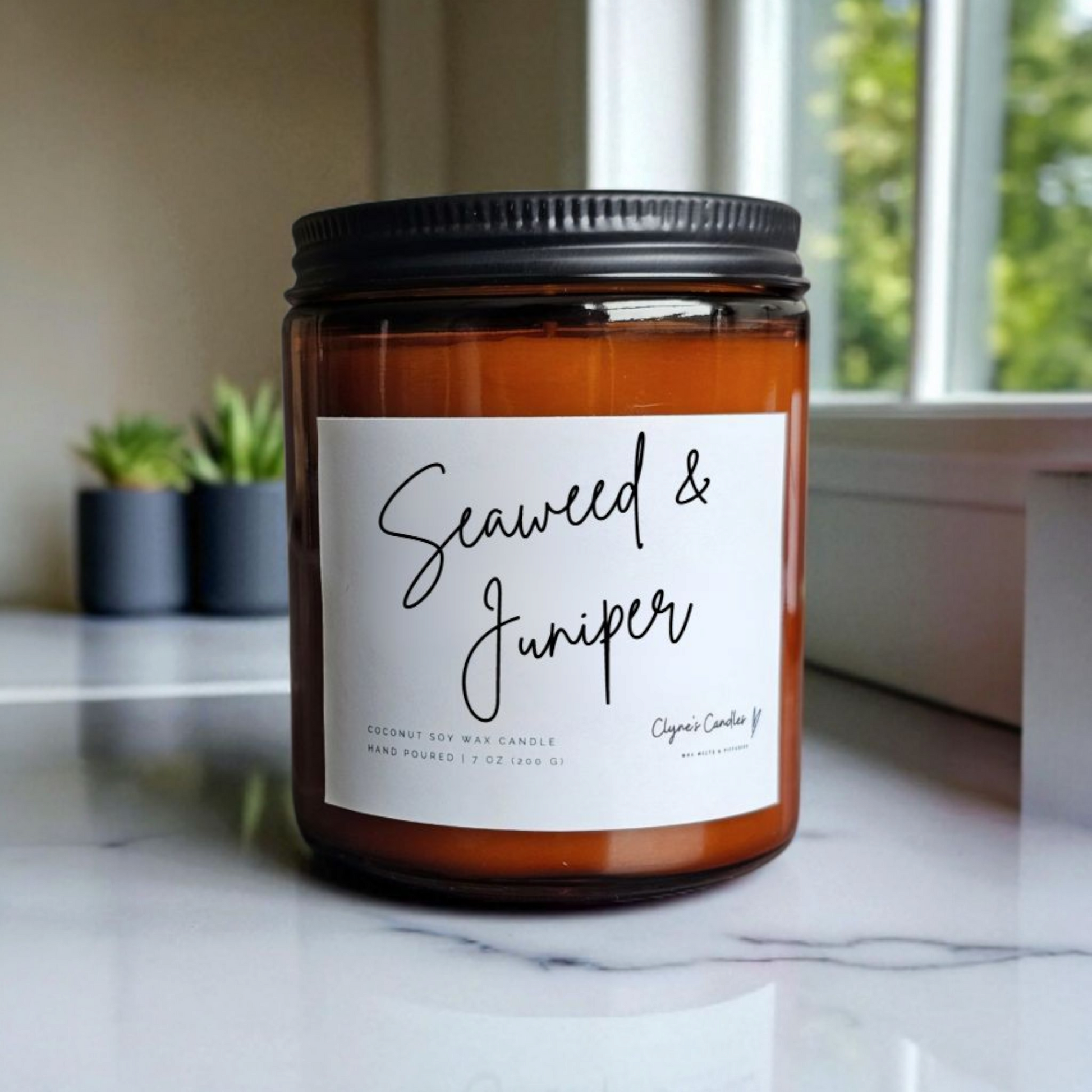 Amber glass candle jar with cotton wick and coconut soy wax, handmade by Clyne's Candles in Kirriemuir, Scotland