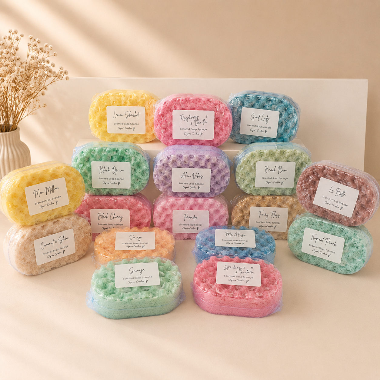 Selection of perfume, aftershave and fruity scented sulphate free soap sponges handmade by Clyne's Candles in Kirriemuir, Scotland