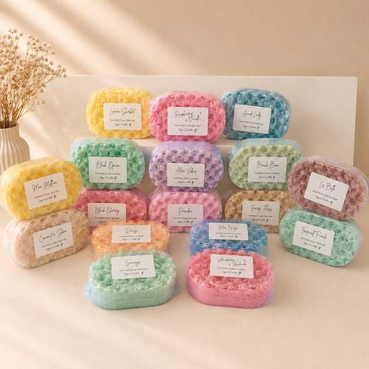 Selection of perfume, aftershave and fruity scented sulphate free soap sponges handmade by Clyne's Candles in Kirriemuir, Scotland