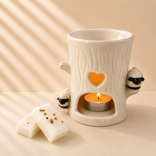 Sheep ceramic wax melt burner with tree log detail and wax melts handmade by Clyne's Candles in Kirriemuir, Scotland