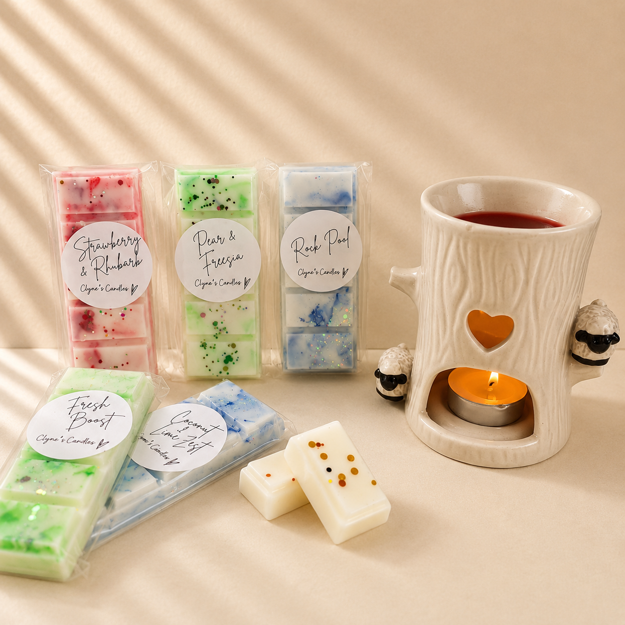 Sheep ceramic wax melt burner with tree log detail and wax melts handmade by Clyne's Candles in Kirriemuir, Scotland