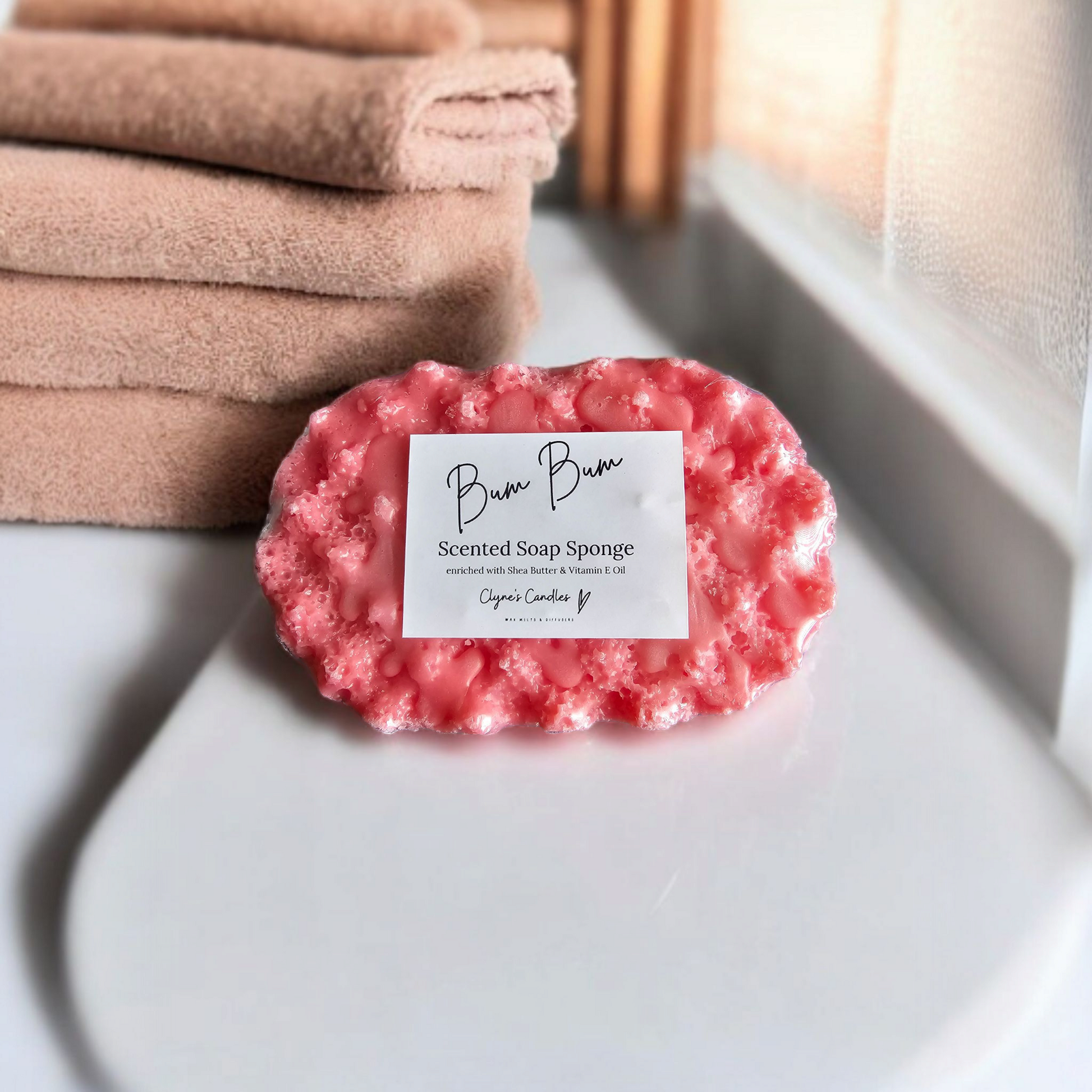 Highly scented soap sponge for shower or bath, reusable and perfect for daily skincare, by Clyne's Candles