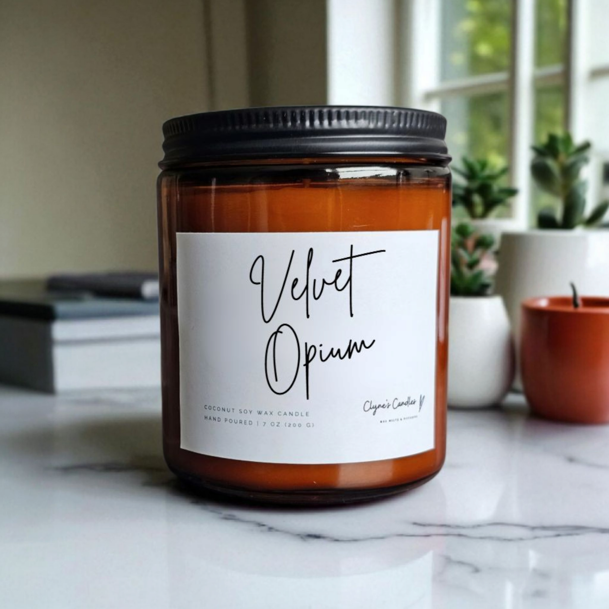 Amber glass candle jar with cotton wick and coconut soy wax, handmade by Clyne's Candles in Kirriemuir, Scotland