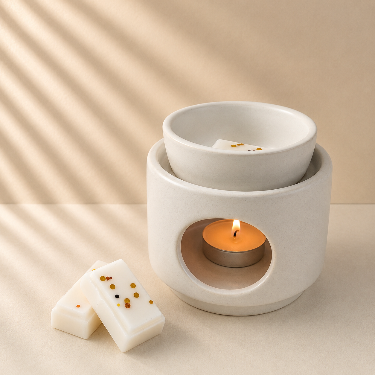 White ceramic wax warmer with a lit candle and a selection of wax melts handmade by Clyne's Candles, Kirriemuir, Scotland