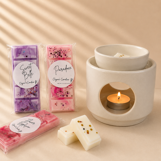 White ceramic wax melt burner with perfume inspired wax melts handmade by Clyne's Candles in Kirriemuir, Scotland