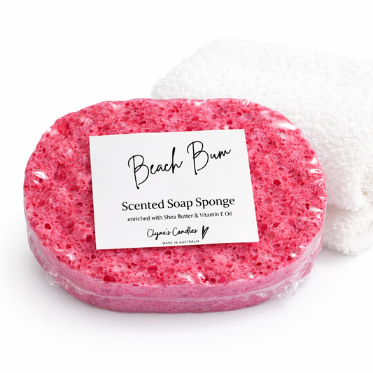 Sulfate-free Beach Bum scented soap sponge handmade by Clyne’s Candles, nourishing, gentle on skin and richly fragranced.