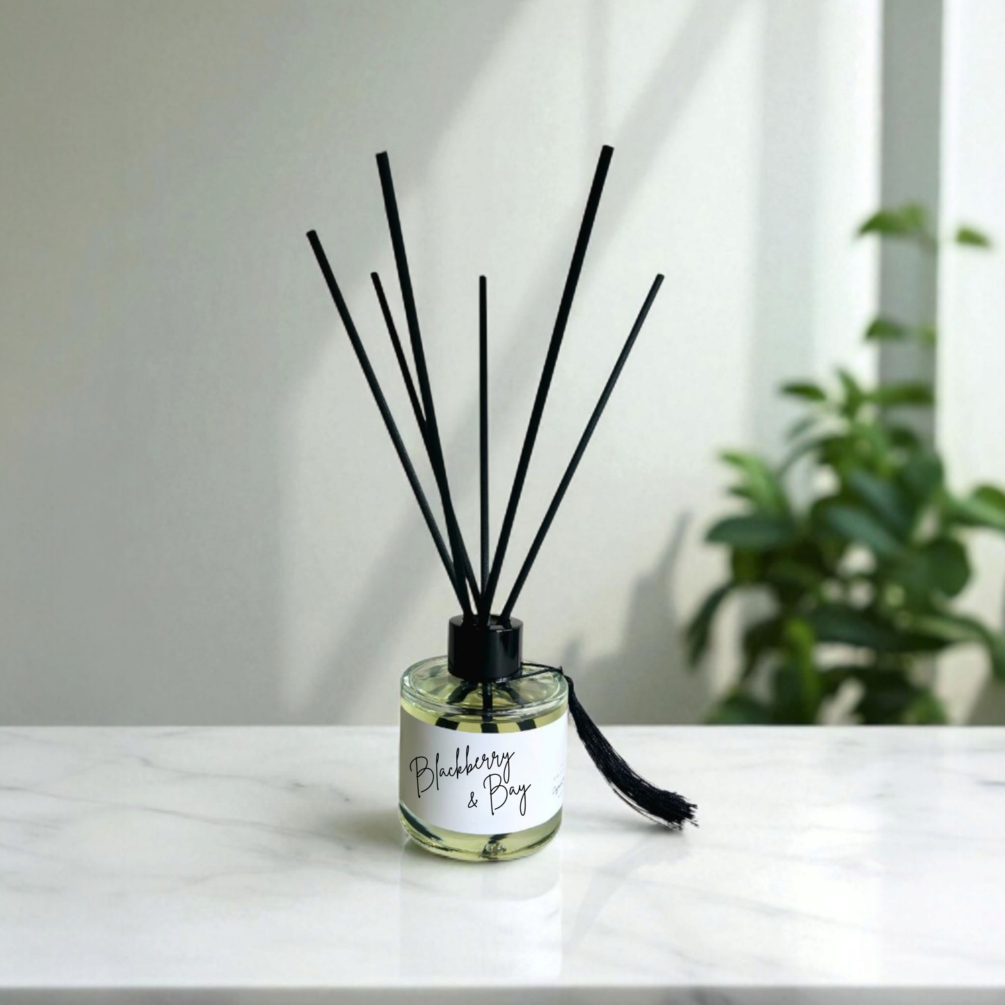 Blackberry and Bay handmade fibre reed diffuser with juicy blackberry and fresh green bay notes, luxury home fragrance made in the UK