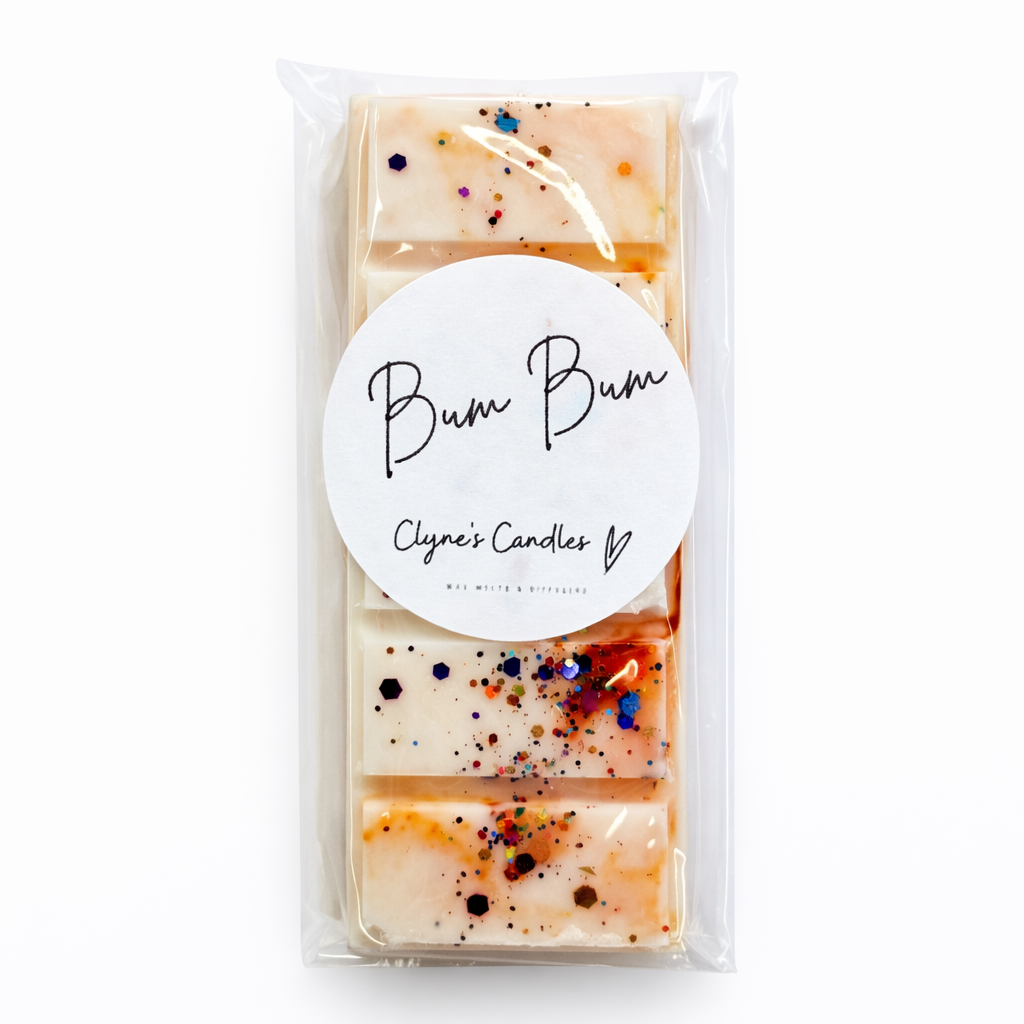 Bum Bum wax melt bar by Clyne’s Candles, handmade soy wax melt with tropical coconut and gourmand fragrance, cream wax with glitter, UK handmade.