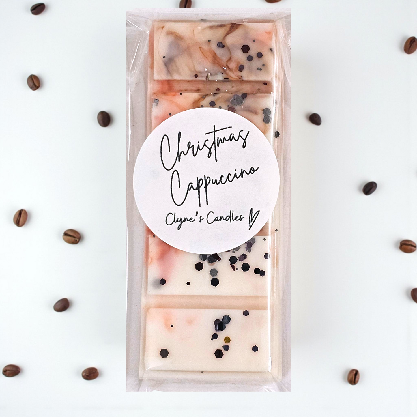 Christmas Cappuccino wax melt bar by Clyne’s Candles, scented with coffee, orange, cocoa and vanilla. Handmade by Clyne's Candles