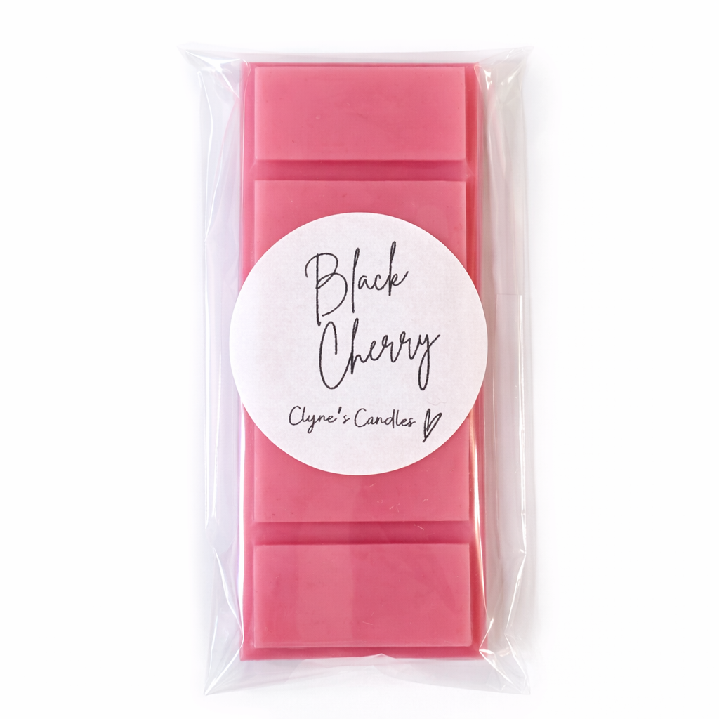 Handmade Black Cherry scented wax melt bar by Clyne’s Candles, a bold sweet cherry wax melt for luxury home fragrance