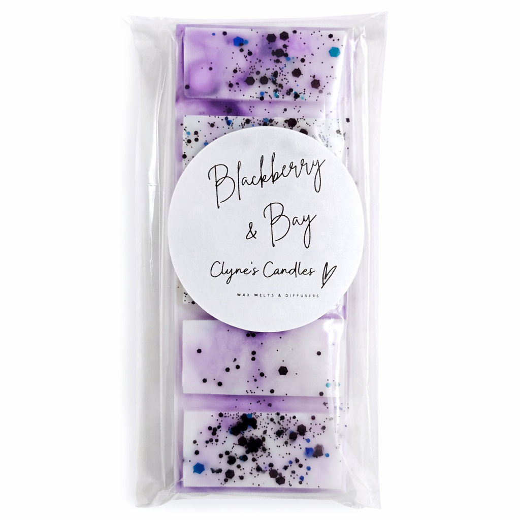 Handmade Blackberry and Bay scented wax melt bar by Clyne’s Candles, a fresh fruity wax melt handmade in the UK
